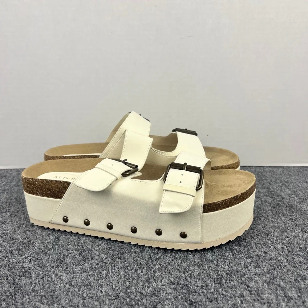 Altar'd State Cream Platform Slide s Double Buckle Studded Cork Midsole
